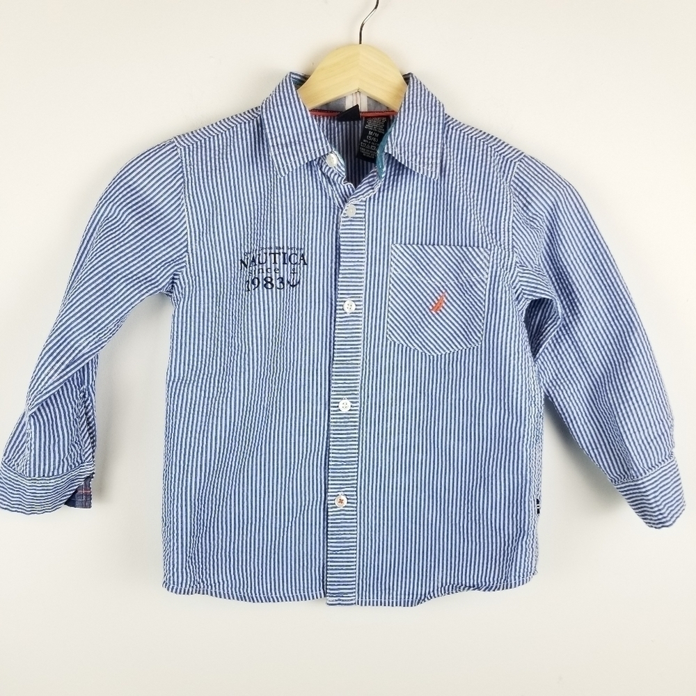 NAUTICA Boy's 5-6 Button Front Shirt Seersucker Blue White Stripes Nautical